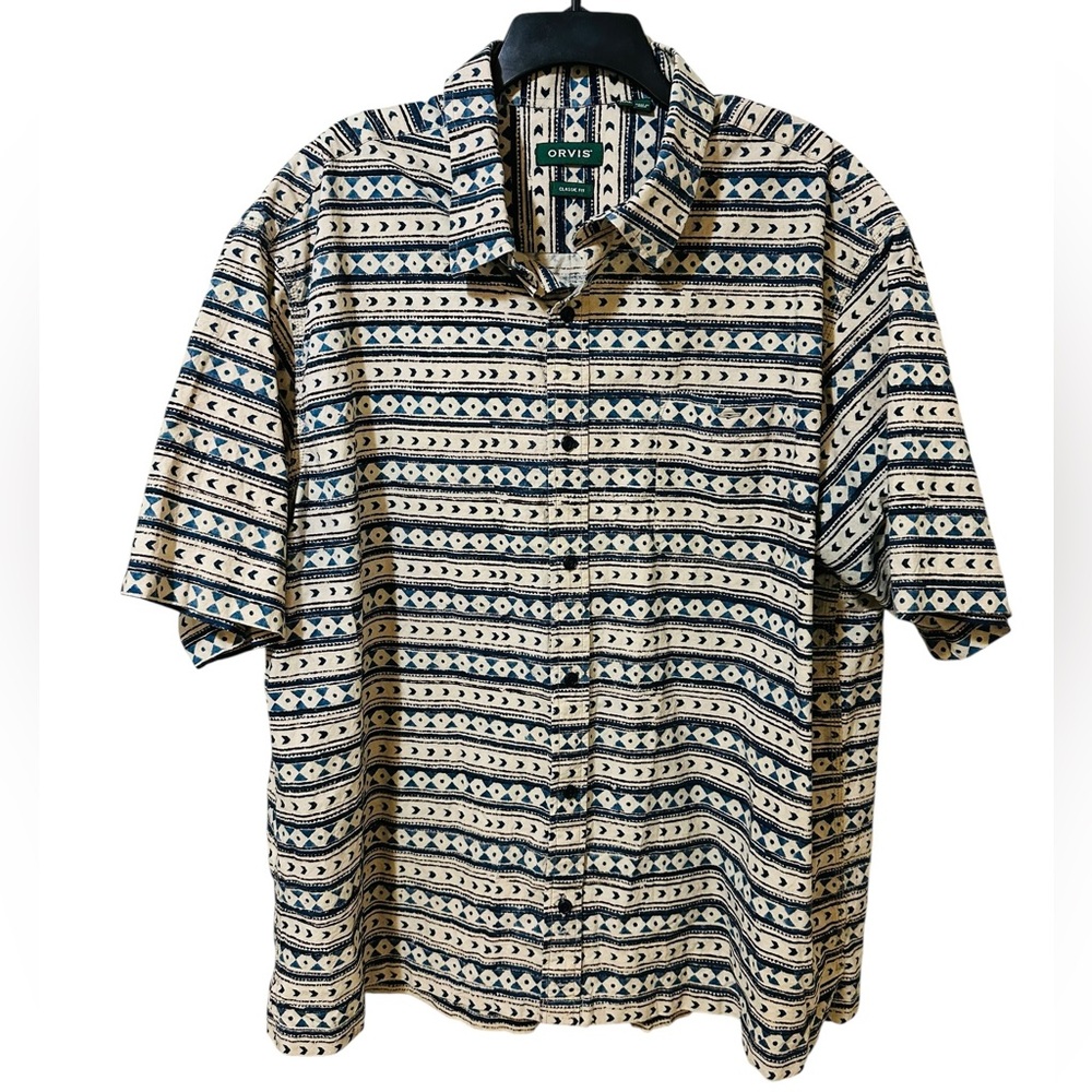 ORVIS light tan & blue pattern 100% cotton short sleeve button up shirt size XXL